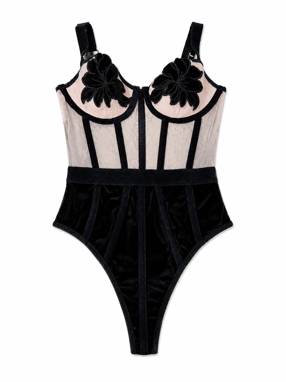 Victoria's Secret Black and Blush Lace Velvet Bodysuit- Lingerie